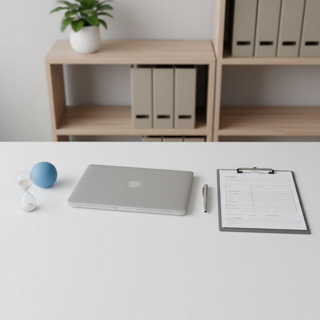 A minimalist psychologist’s desk seen from an elevated angle, in photographic realism. A smooth, matte white desk surface holds a closed silver laptop, a neatly stacked clipboard with blank assessment forms, and a high-quality fountain pen aligned carefully. To the side, a small sand timer and a calming blue stress ball add subtle therapeutic detail. In the background, slightly out of focus, stand neutral-toned shelves with organized files and a single green plant. Soft overcast daylight enters from an unseen window, creating diffused, shadow-free lighting that feels orderly, professional, and emotionally balanced, suitable for a clinical yet warm psychology practice website.