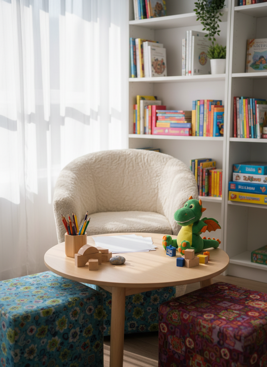 A cozy therapy corner designed for children and adolescents, without any people, in photographic realism. A low, round light-wood table is surrounded by two small, colorful fabric cube seats and a plush, neutral-toned armchair behind it. On the table lie colored pencils, a stack of drawing paper, and a few well-loved but neatly arranged therapeutic toys and puppets. Shelves in the background display children’s books and board games in an organized manner. Soft natural daylight streams through a nearby window, filtered by sheer curtains, casting gentle highlights on the toys. The mood is safe, playful, and reassuring, with a clean, modern composition using rule of thirds and shallow depth of field.